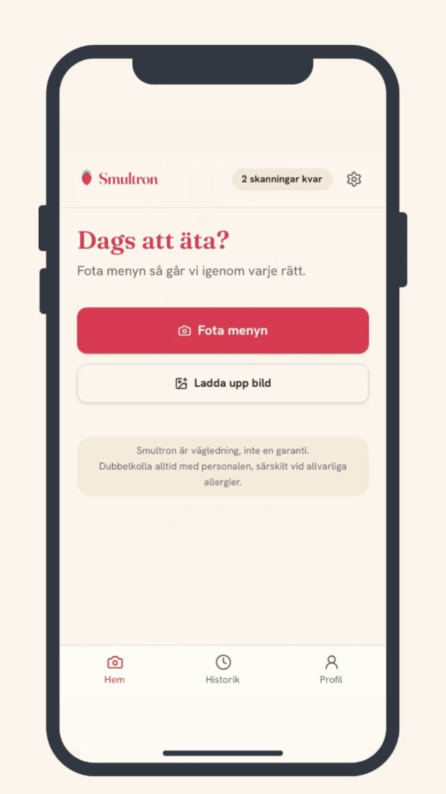 Demo av Smultron-appen som visar hur en maträtt analyseras med ingredienser, byten och frågor till personalen
