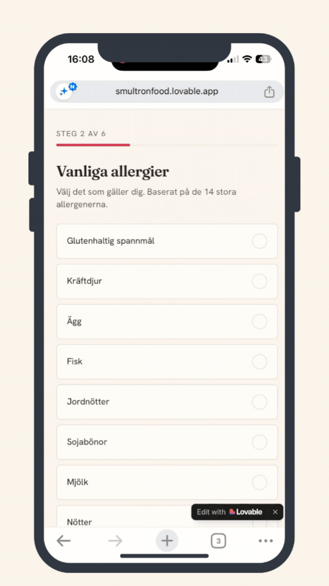 Demo av Smultron-appen som visar hur en maträtt analyseras med ingredienser, byten och frågor till personalen